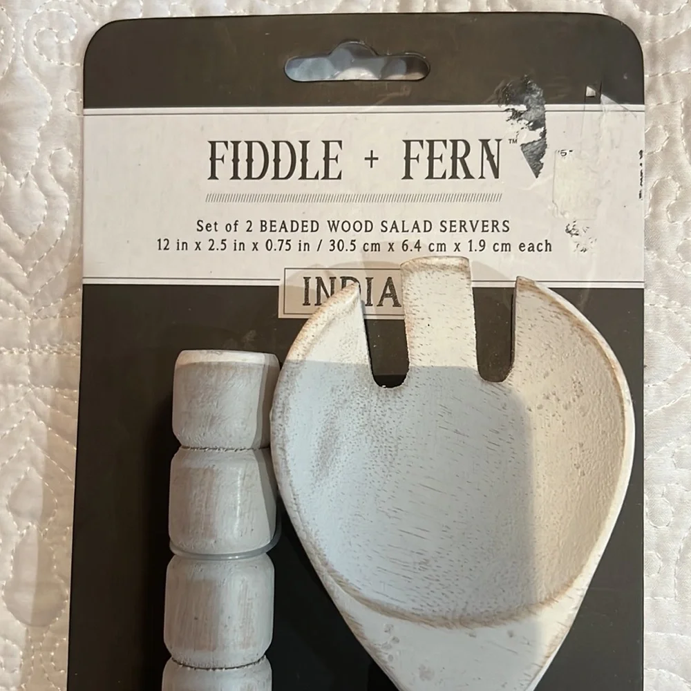 Fiddle + Fern set of 2 beaded‎ wood salad servers, new